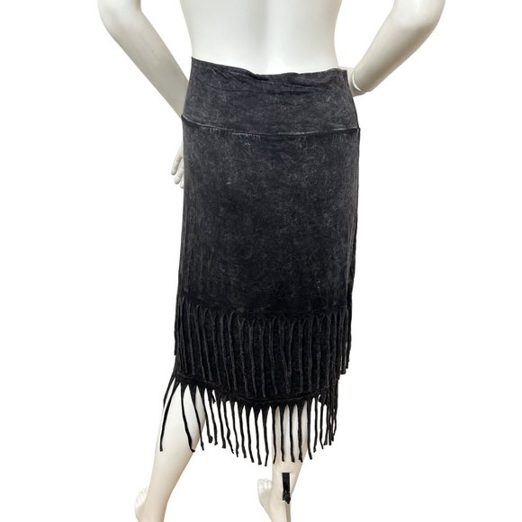Towne Women’s Black Fringed Skirt M (10/12) Pull On Stretchy Distressed Midi - Picture 4 of 9